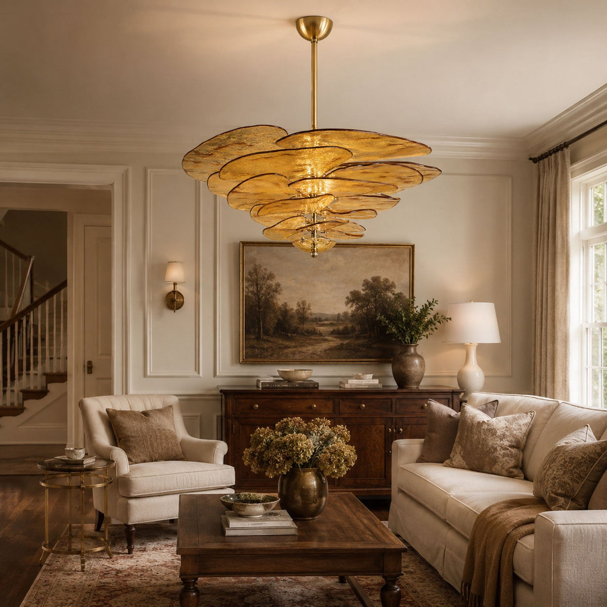 Petals Glass Chandelier chandelier in a tall interior