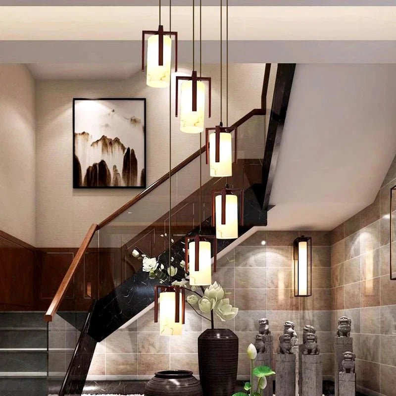 Polin Modern Faux Marble Stair Chandelier for high ceiling staircase and foyer lighting