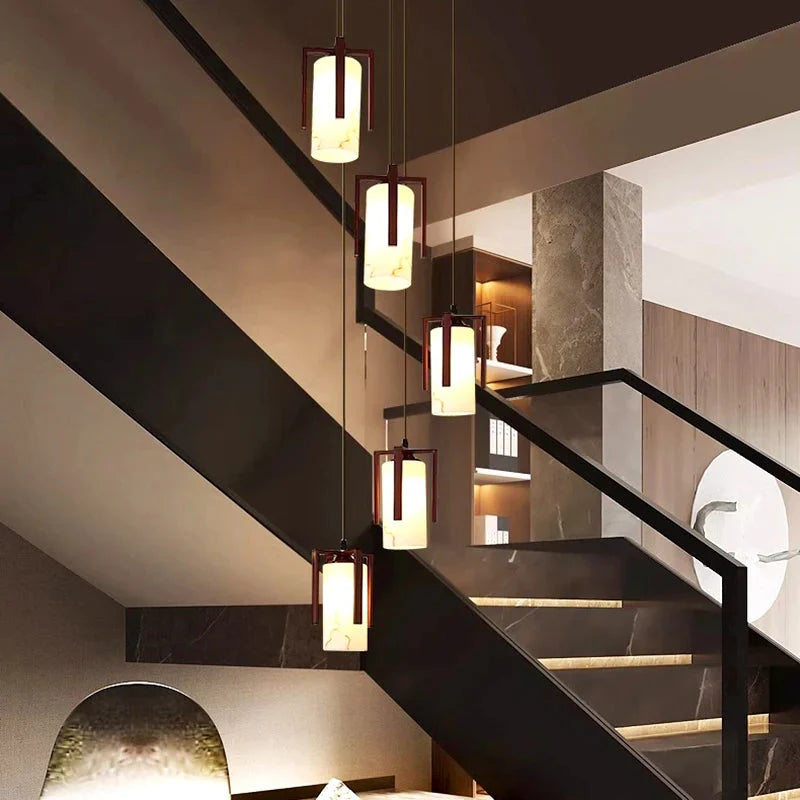 Polin Modern Faux Marble Stair Chandelier for high ceiling staircase and foyer lighting