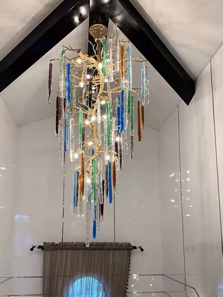 Verdant Crystal Branch Column Chandelier for Staircase chandelier in a tall interior