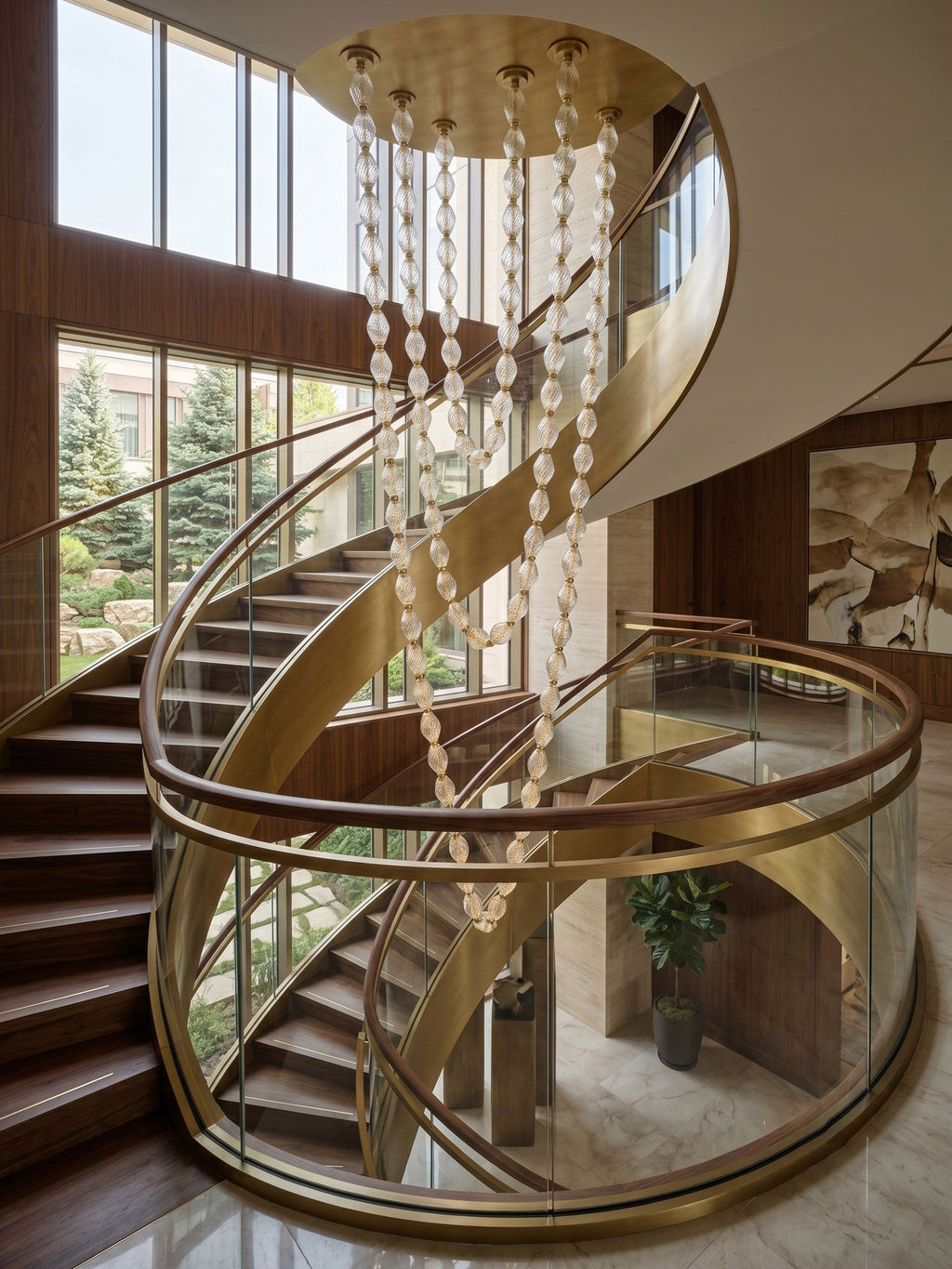 Riviere Glass Chain Chandelier installed in a spiral staircase