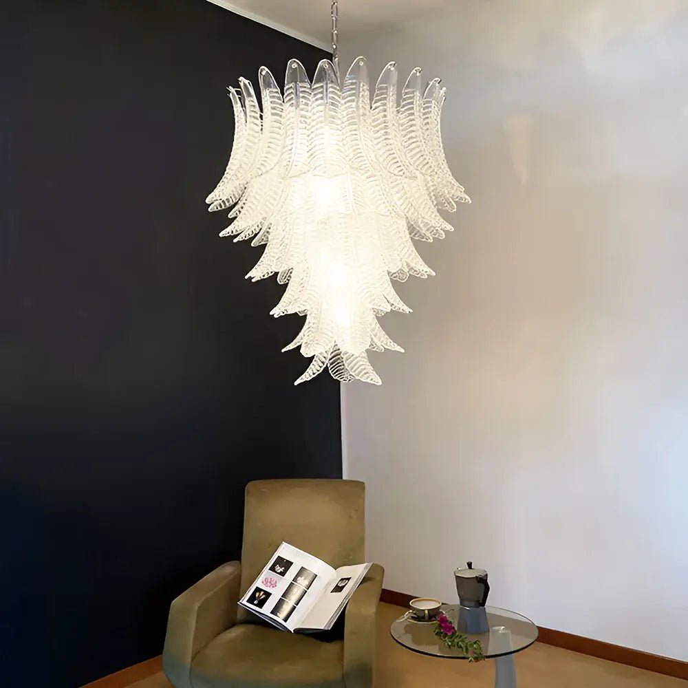 Modern Rosalind Murano-Style Clear Felci Glass Chandelier chandelier in a tall interior