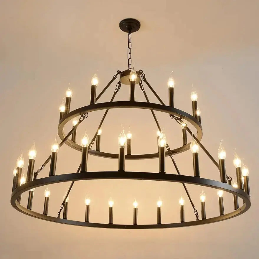 Rustic 48-inch 2 Tier Wagon Wheel Chandelier for high ceiling staircase and foyer lighting