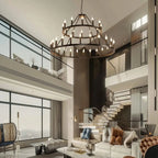 Rustic 48-inch 2 Tier Wagon Wheel Chandelier for high ceiling staircase and foyer lighting