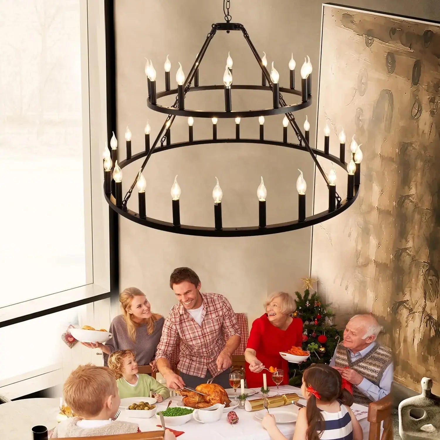 Rustic 48-inch 2 Tier Wagon Wheel Chandelier for high ceiling staircase and foyer lighting