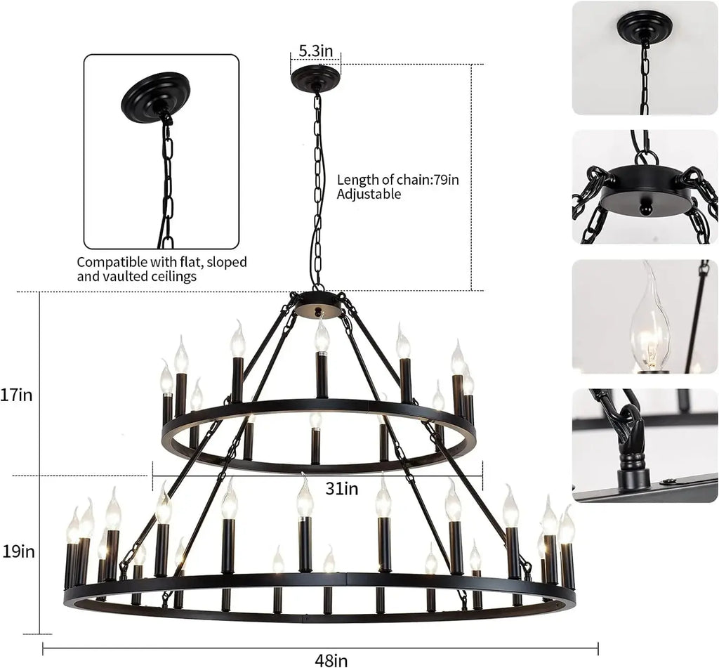 Rustic 48-inch 2 Tier Wagon Wheel Chandelier for high ceiling staircase and foyer lighting