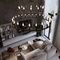 Rustic 48-inch 2 Tier Wagon Wheel Chandelier for high ceiling staircase and foyer lighting