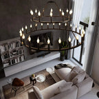 Rustic 48-inch 2 Tier Wagon Wheel Chandelier for high ceiling staircase and foyer lighting