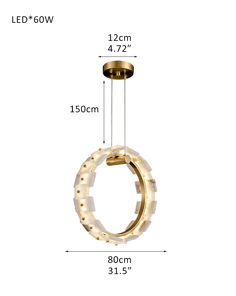 Antique Brass Ring Frame Round Halo Alabaster Modern Lighting Chandelier Wide 31"