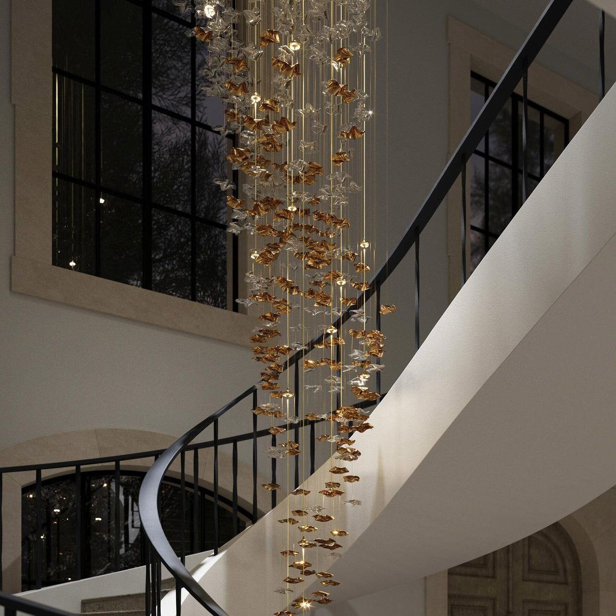 Tidal Chandelier for Staircases with a Glass Cascade Up to 118.1″H chandelier in a tall interior