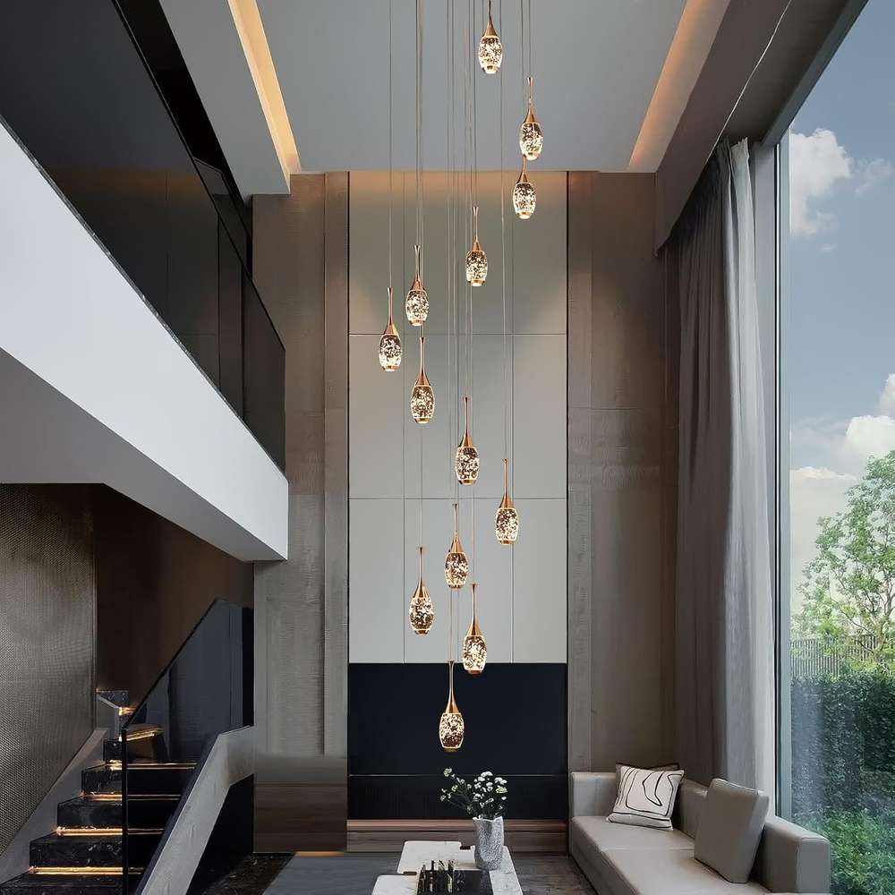 Setya Long Drop Crystal Chandelier for high ceiling staircase and foyer lighting