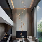 Setya Long Drop Crystal Chandelier for high ceiling staircase and foyer lighting