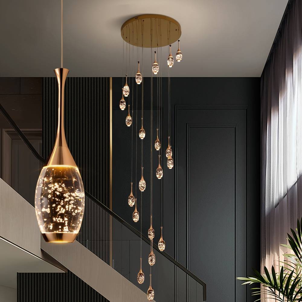 Setya Long Drop Crystal Chandelier for high ceiling staircase and foyer lighting