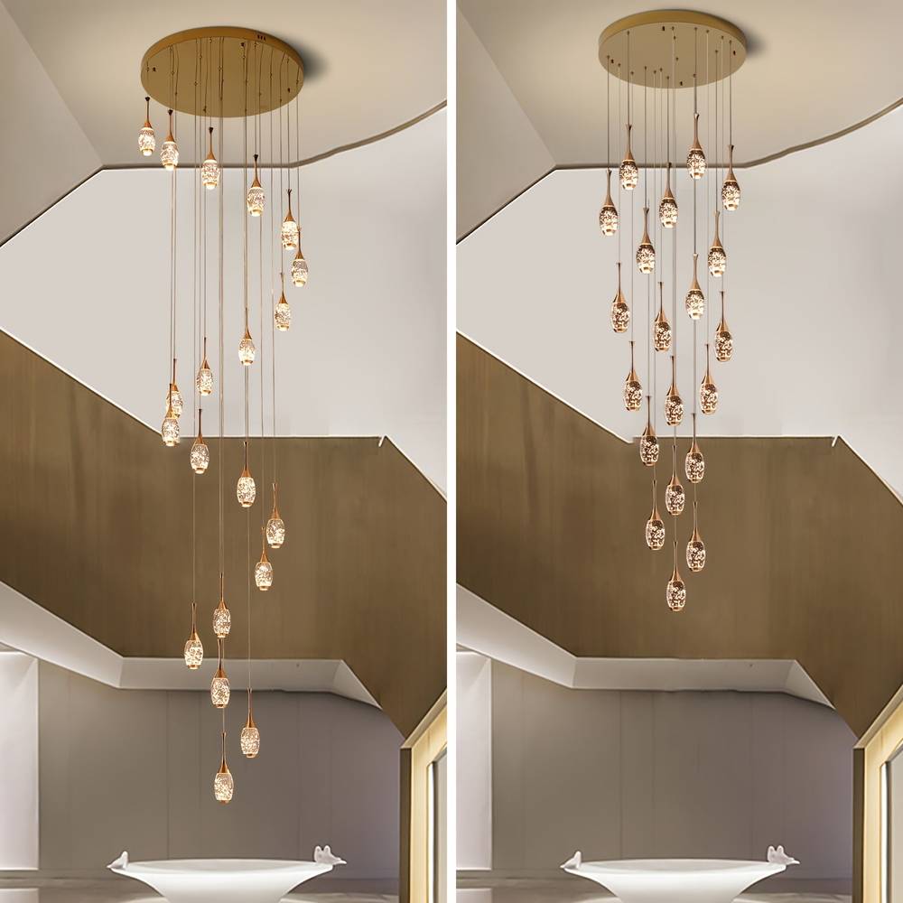 Setya Long Drop Crystal Chandelier for high ceiling staircase and foyer lighting