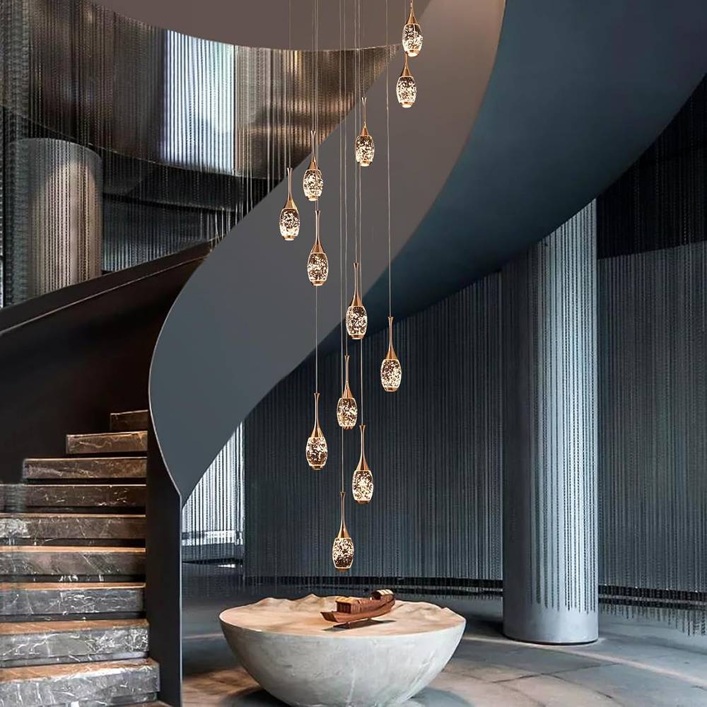 Setya Long Drop Crystal Chandelier for high ceiling staircase and foyer lighting