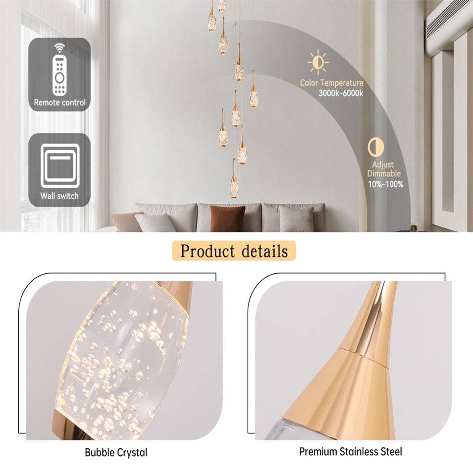 Setya Long Drop Crystal Chandelier for high ceiling staircase and foyer lighting