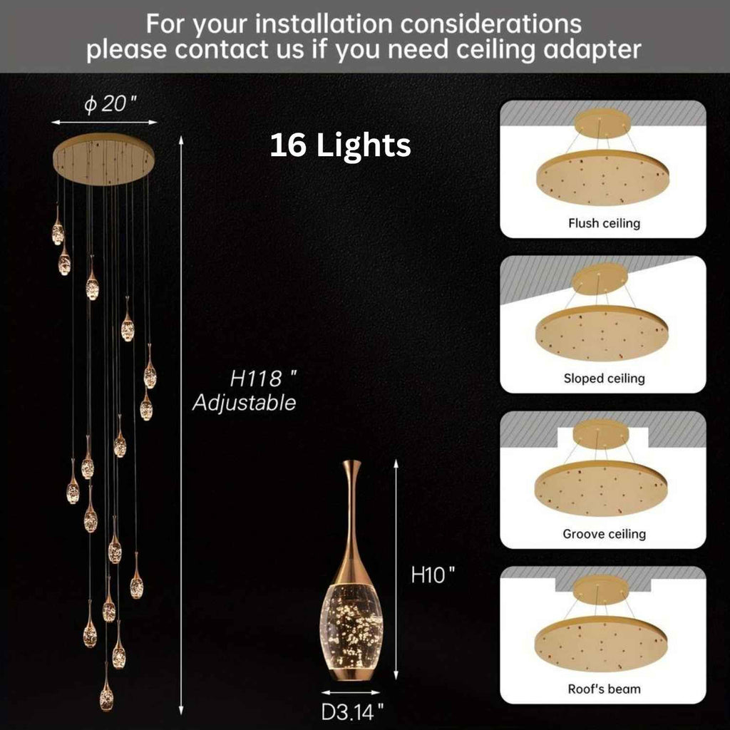 Setya Long Drop Crystal Chandelier for high ceiling staircase and foyer lighting