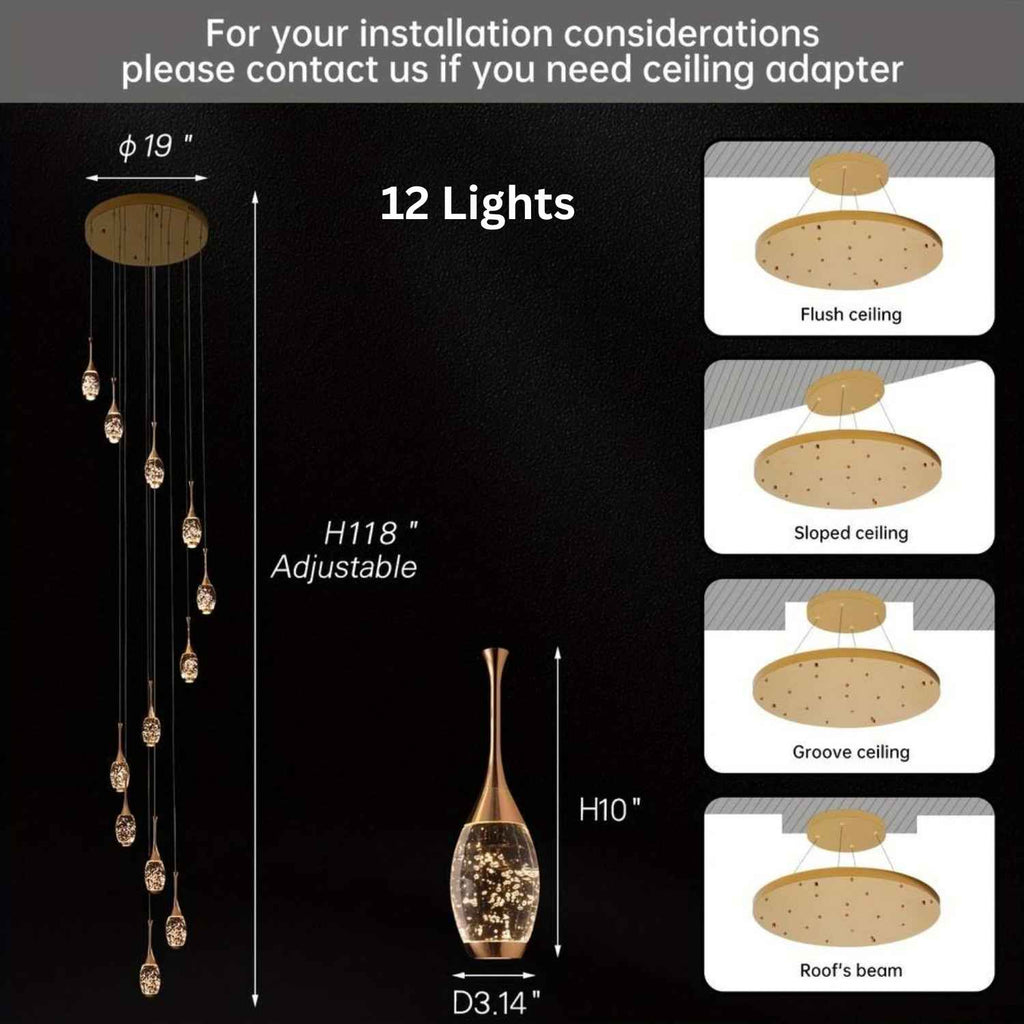 Setya Long Drop Crystal Chandelier for high ceiling staircase and foyer lighting