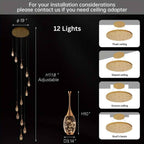 Setya Long Drop Crystal Chandelier for high ceiling staircase and foyer lighting