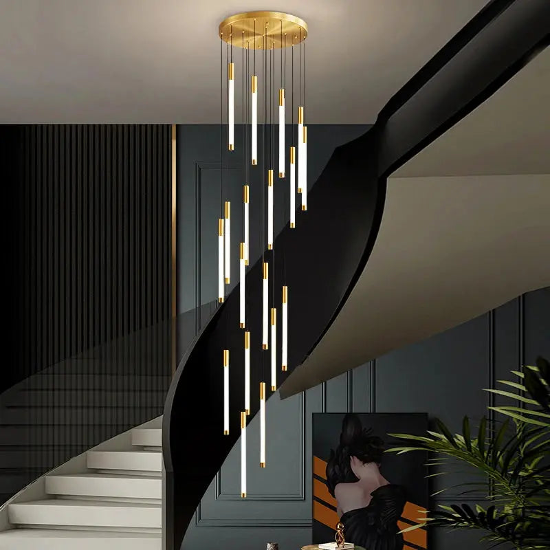 Atia Modern Long Chandelier For Staircase Black/Gold/Silver for high ceiling staircase and foyer lighting