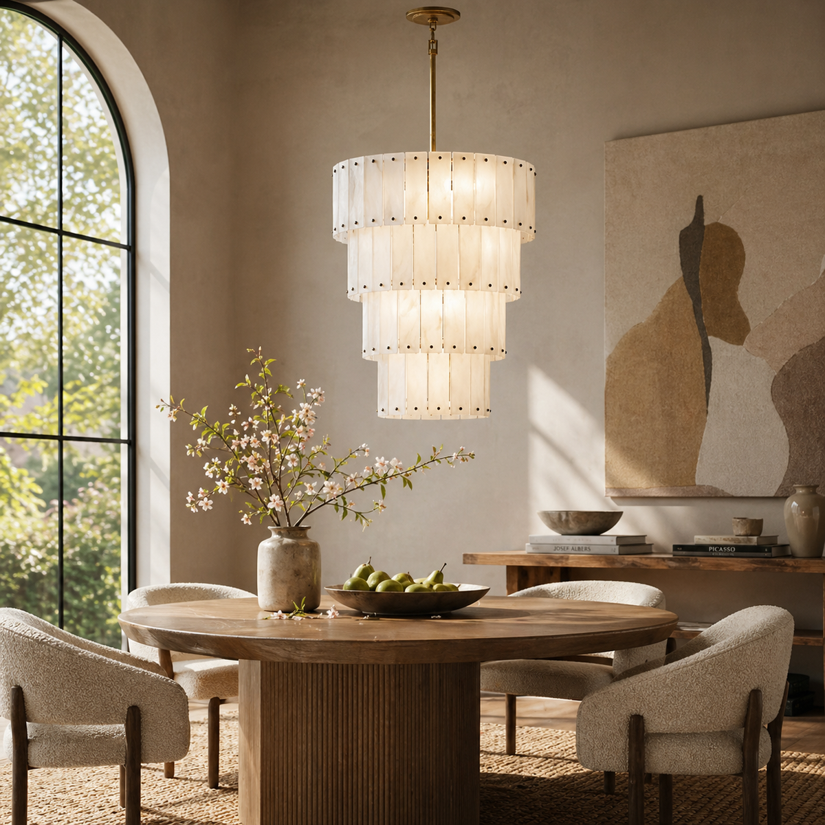 Simona Alabaster Round 4-Tier Chandelier chandelier in a tall interior