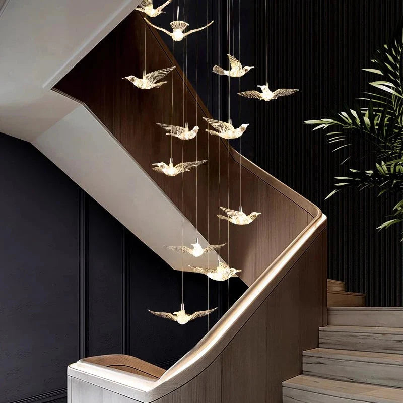 Bird Spiral Long Led Chandelier for Staircase and Foyer for high ceiling staircase and foyer lighting