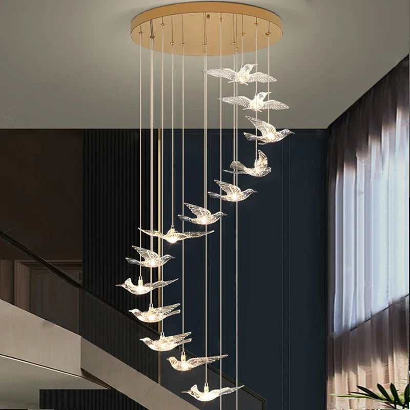 Bird Spiral Long Led Chandelier for Staircase and Foyer for high ceiling staircase and foyer lighting