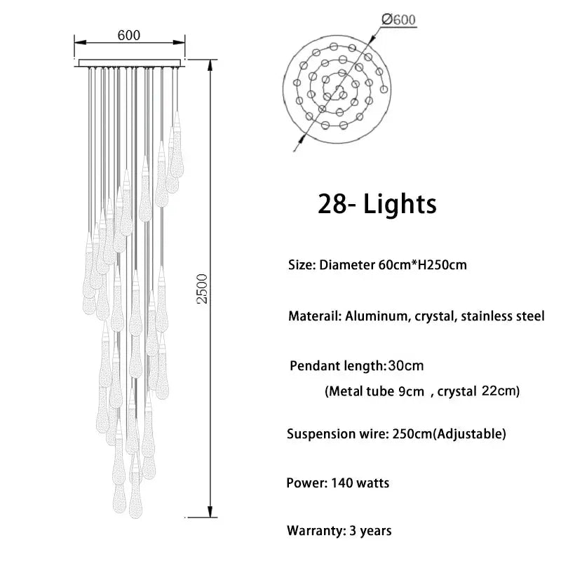 Spiral Raindrop Staircase Ceiling Lighting for high ceiling staircase and foyer lighting