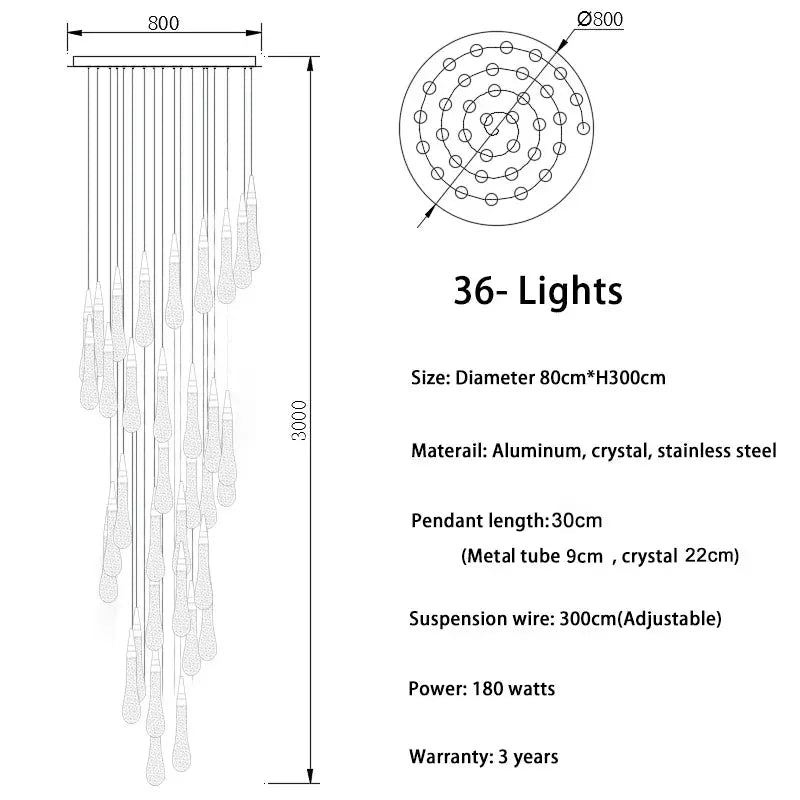 Spiral Raindrop Staircase Ceiling Lighting for high ceiling staircase and foyer lighting