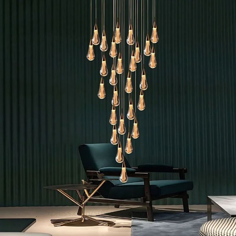 Spiral Raindrop Staircase Ceiling Lighting for high ceiling staircase and foyer lighting