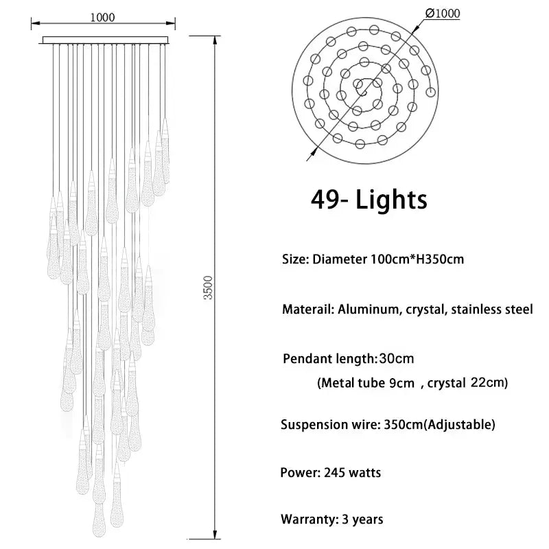 Spiral Raindrop Staircase Ceiling Lighting for high ceiling staircase and foyer lighting