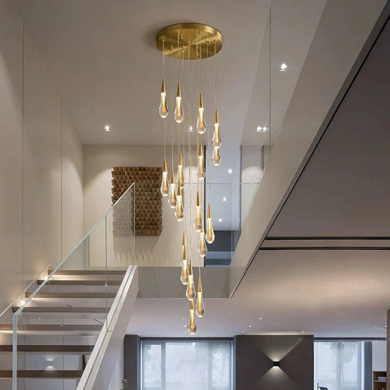Spiral Raindrop Staircase Ceiling Lighting for high ceiling staircase and foyer lighting