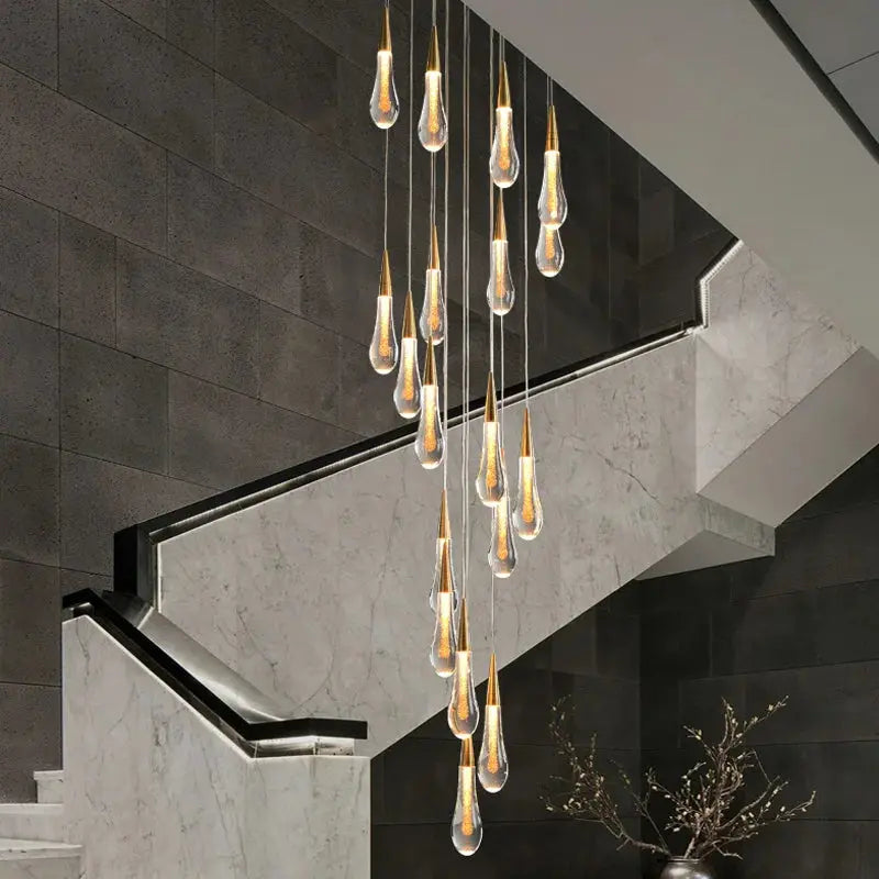Spiral Raindrop Staircase Ceiling Lighting for high ceiling staircase and foyer lighting