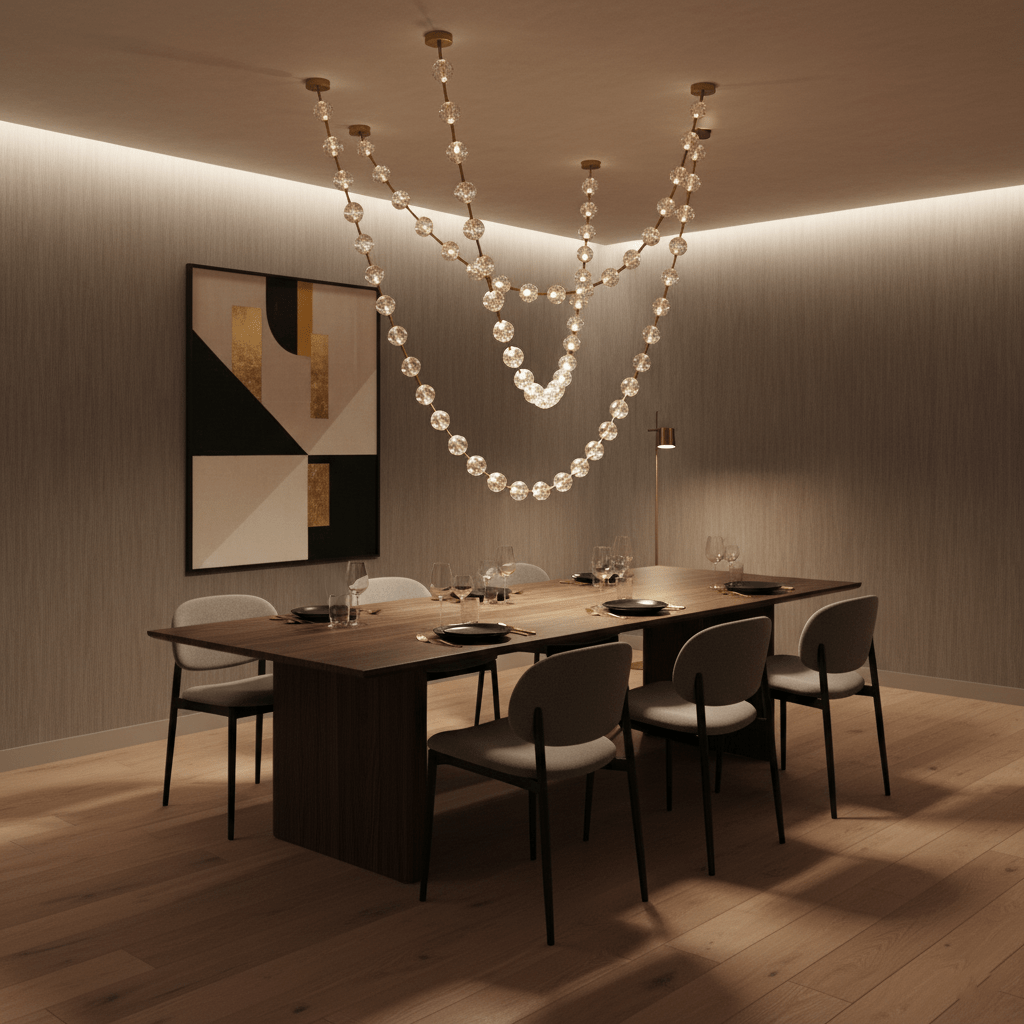 Strand Chandelier for Hotel Lobbies with Acrylic Cascade Strands Up to 324″L chandelier in a tall interior