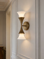 Antique Brass Double Cone Glass Wall Sconce by Bling Lighting Studio