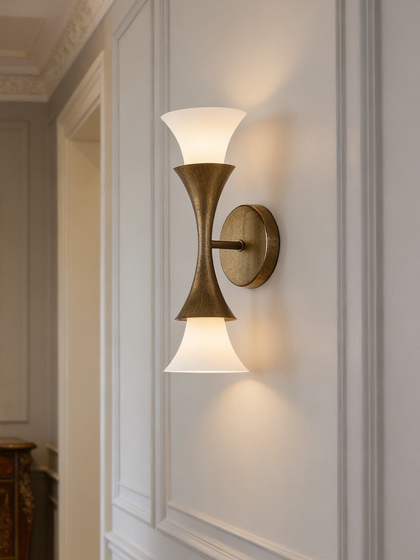 Antique Brass Double Cone Glass Wall Sconce by Bling Lighting Studio