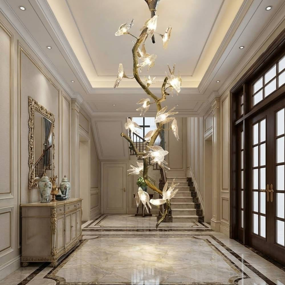 Trevi Brass Tree Branch Staircase Chandelier for high ceiling staircase and foyer lighting