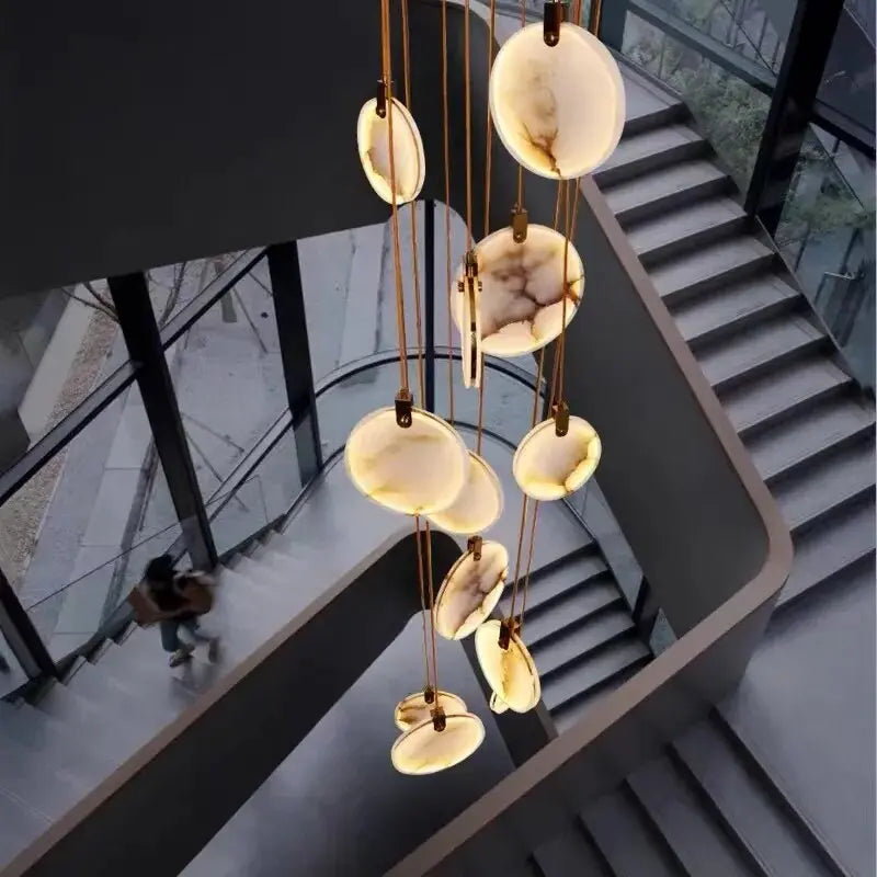 Tuya Marble Large Hanging Stairwell Lighting Chandelier for high ceiling staircase and foyer lighting