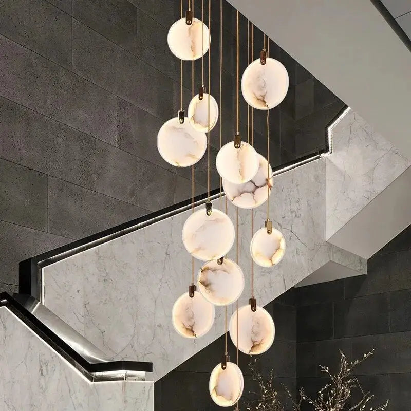 Tuya Marble Large Hanging Stairwell Lighting Chandelier for high ceiling staircase and foyer lighting
