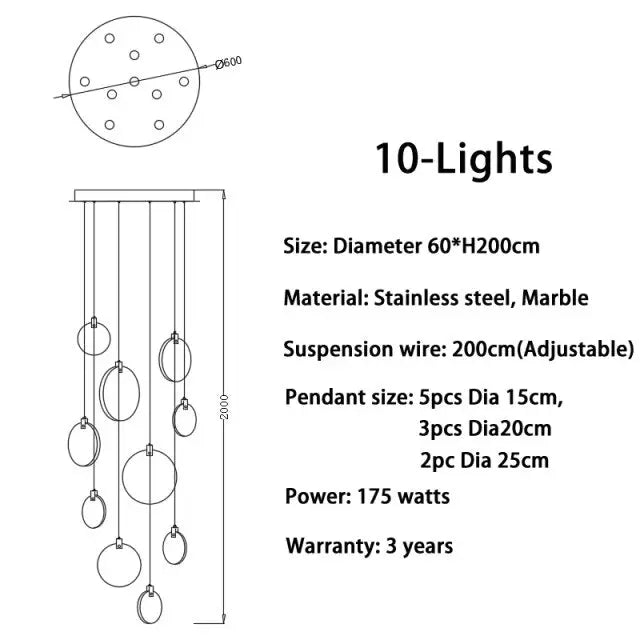 Tuya Marble Large Hanging Stairwell Lighting Chandelier for high ceiling staircase and foyer lighting