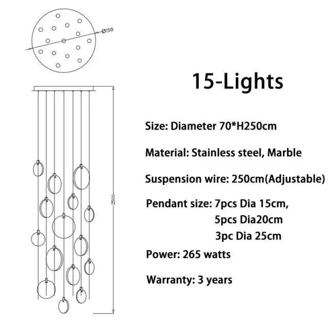 Tuya Marble Large Hanging Stairwell Lighting Chandelier for high ceiling staircase and foyer lighting