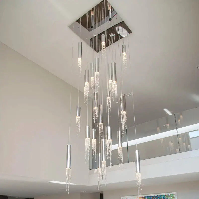 Ulas Modern Crystal Cascade LED Pendant Chandelier for high ceiling staircase and foyer lighting