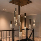 Ulas Modern Crystal Cascade LED Pendant Chandelier for high ceiling staircase and foyer lighting
