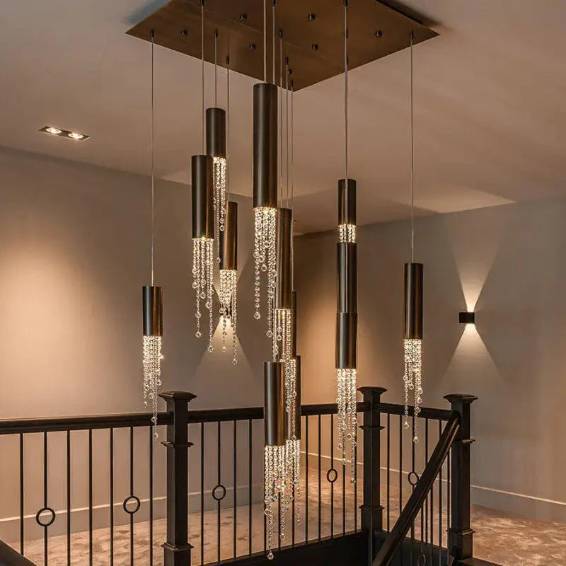 Ulas Modern Crystal Cascade LED Pendant Chandelier for high ceiling staircase and foyer lighting