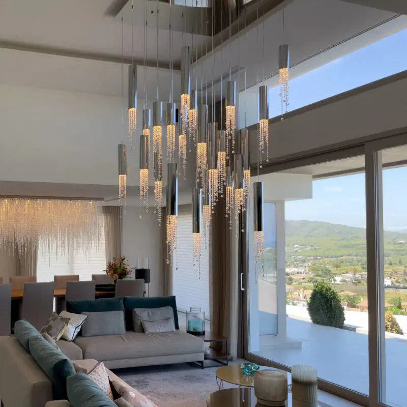 Ulas Modern Crystal Cascade LED Pendant Chandelier for high ceiling staircase and foyer lighting