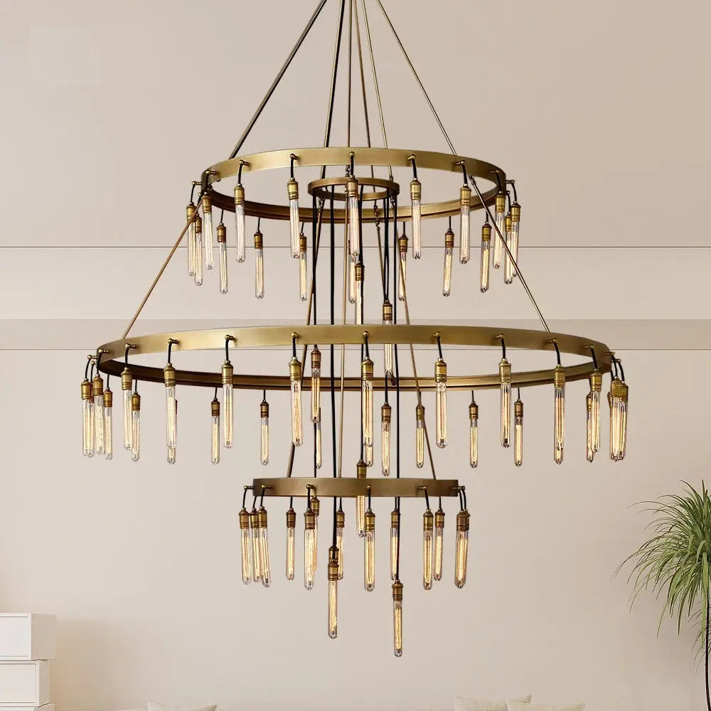 Vintage Round 3 Tier Metal Axis Pendant Chandelier for high ceiling staircase and foyer lighting