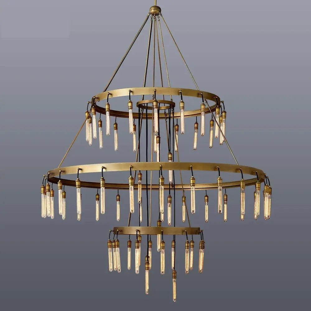 Vintage Round 3 Tier Metal Axis Pendant Chandelier for high ceiling staircase and foyer lighting
