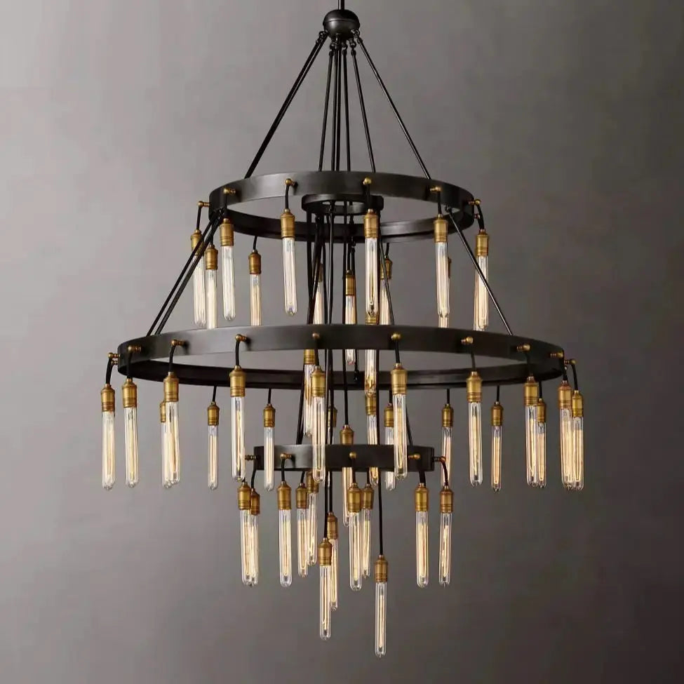 Vintage Round 3 Tier Metal Axis Pendant Chandelier for high ceiling staircase and foyer lighting