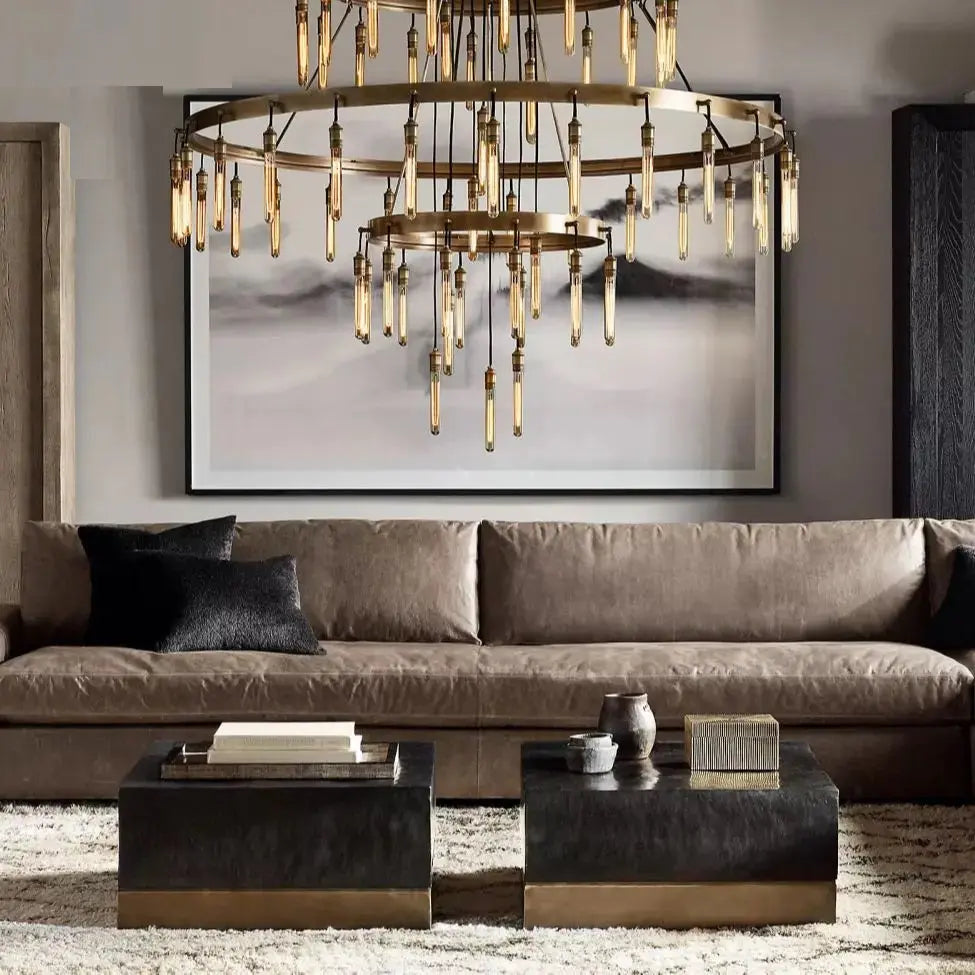 Vintage Round 3 Tier Metal Axis Pendant Chandelier for high ceiling staircase and foyer lighting