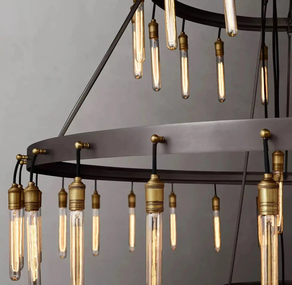 Vintage Round 3 Tier Metal Axis Pendant Chandelier for high ceiling staircase and foyer lighting
